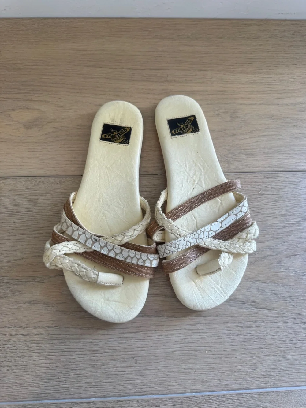 Freebird by Steven Sugar Mixed Media Boho Slide Sandals Cream Tan Multi 7